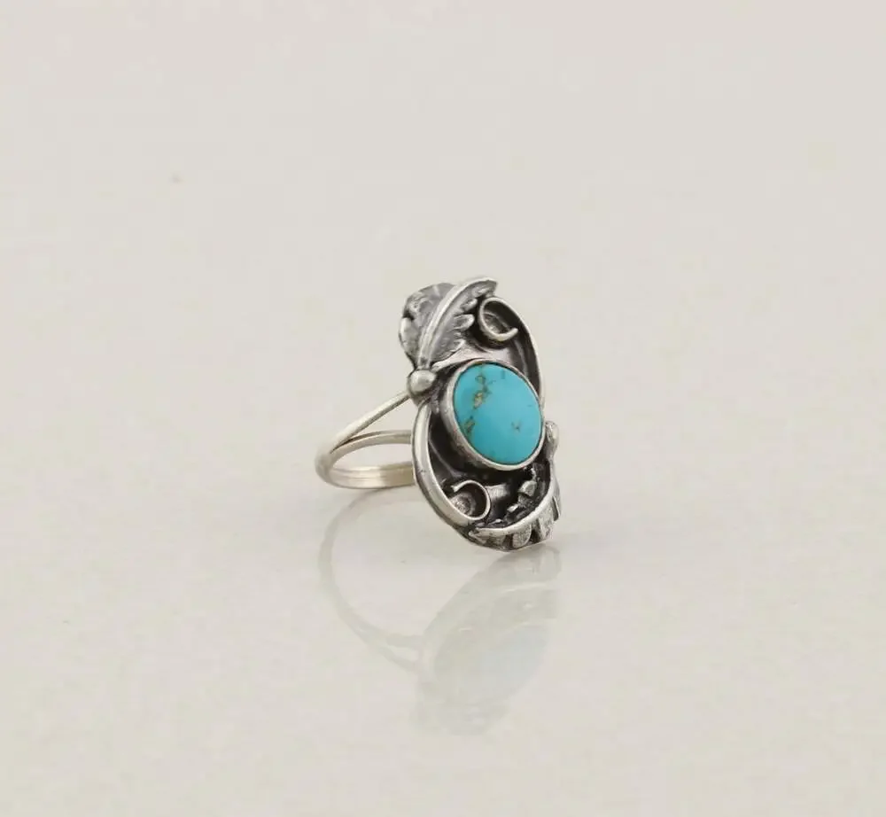 Sterling Silver Natural Turquoise Ring Leaf Design Size 5 1/2 Woman Teen Child